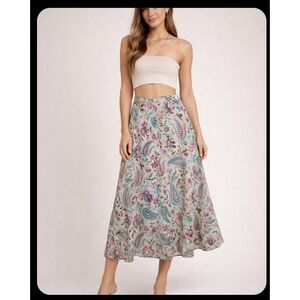 east5th Paisley Floral Midi Skirt Beige‎ Pink Blue Women's Size 14